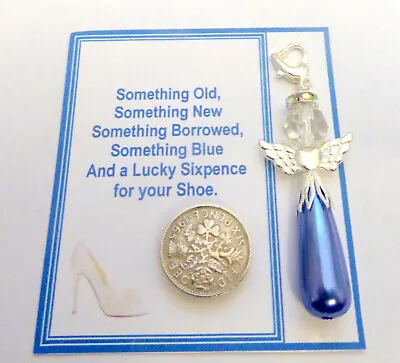 £5.75 • Buy Something Blue Lucky Bridal Charm For Garter/Bouquet Guardian Angel & Sixpence 