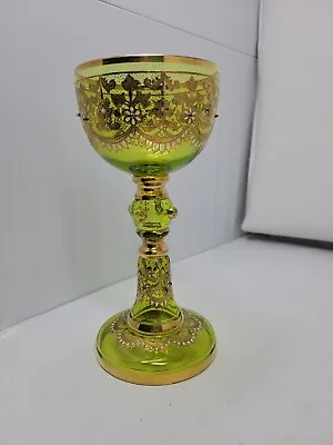 Antique Moser Enameled Jeweled Bohemian Green Glass Goblet Late 1800s • $395