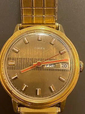 Vintage Timex Mercury Manual Wind Gold Plated Red Hands Watch Works Black Stripe • $49.99