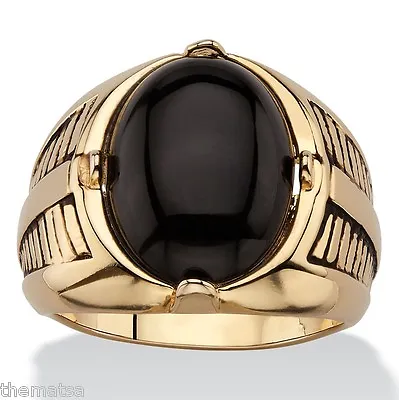 14k Gold Onyx Etched Cabochon Mens Gp Ring Size  8 9 10 11 12 13  • £96.41