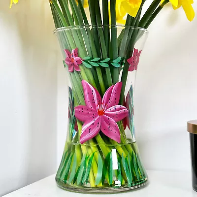 £20.99 • Buy Pink Lily Flower Vase Hand Painted Glass Wedding Table Centrepiece Decoration A