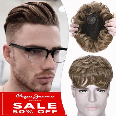 Clip In Mens Replacement System Wig Toupee Topper Remy Human Hair Slight Wavy UK • £39.01