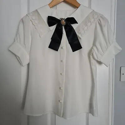 Ank Rouge Off White Blouse Shirt Black Bow Lace Japanese Jfashion Lolita Kawaii • £35