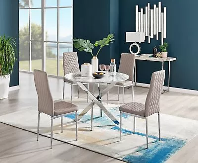 Novara White Marble Round Dining Table 100cm And 4 Milan Chairs Furniture Set • £369.99