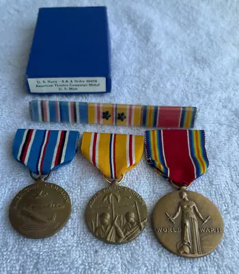 US Navy WW2 Ribbons With Bar Pins Asiatic Pacific & American Campaign & Victory • $60