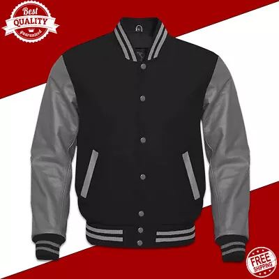 £74.99 • Buy Varsity Lettermen Baseball College Jacket Black Wool Body & Gray Leather Sleeves