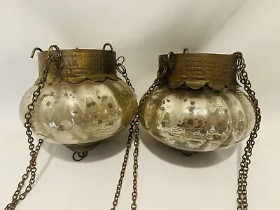 Moroccan-Style Hanging Mercury Glass Tea Lite Candle Holder Lamp Set Of 2 • $48.99