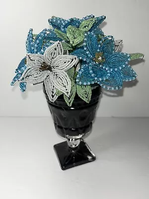 Vintage French Glass Seed Beaded Flowers BLUE White Black Glass • $75