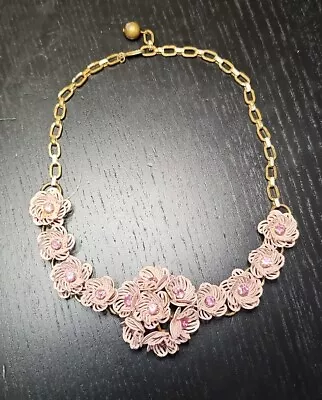 Vintage CORO 1950s Pink Enamel Filigree Flower Rhinestone Necklace • $69.99