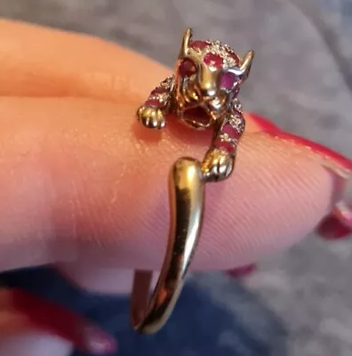 9CT Yellow Gold Ruby Diamond Panther Ring Leopard Cat Not Scrap 375 • £225