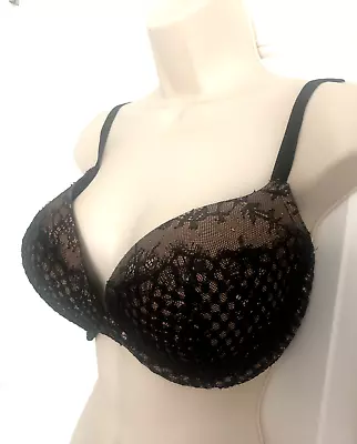 New VICTORIA SECRET 36DDD Black VERY S Push Up UNDERWIRE BRA Lace Over Nude • $23.20