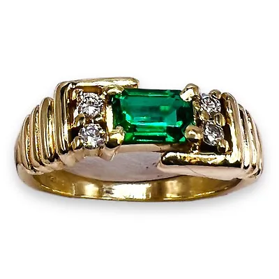 Vintage 14k Yellow Gold Lab Created Chatham Green Emerald Diamond Ring Estate • $897.74