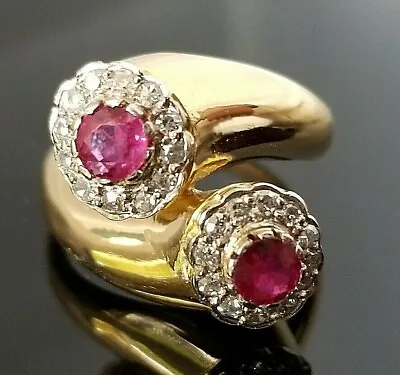 .97TCW Beautiful Vintage Double Ruby Diamond Flower 18k Yellow Gold Bypass Ring • $495