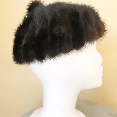 Vintage Mink Beret Hat Pom Top Gwen Pennington Elastic Trim Dark Brown Sz S 6.75 • $38