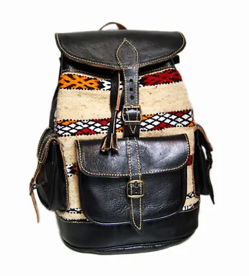 Moroccan Leather Backpack Black Rucksack Boho Kilim Carpet Bohemian Travel Bag • $62