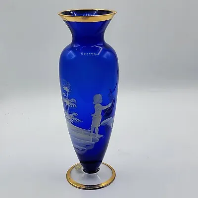 Vintage Cobalt Blue Glass Mary Gregory Hand Painted Gold Trim Vase Girl Fishing • $29.99