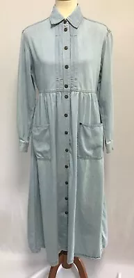 Vtg Lizwear Small Blue Chambray Denim Shirtwaist Dress Midi Country Modest 90s • £28.49