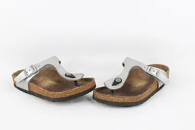 Vintage Birkenstock Womens Size 5 Leather Buckle Thong Flip Flop Sandals Silver • $38.21