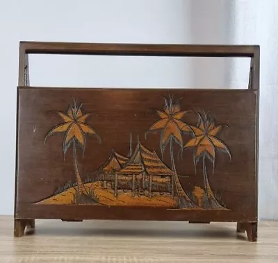 Hand Carved Wooden Magazine Rack Palm Tree Image Closing Sides Vintage. • £35