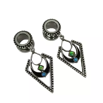 Ear Gauges Dangle Gs Tunnels 00g Antiqued Black Silver Steel Blue Green Moon • $11.98