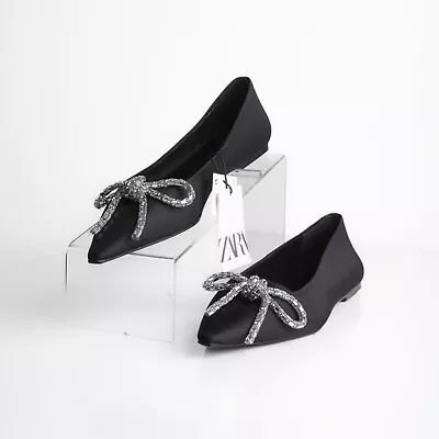 Zara Womens Ballet Flats Embellished Bow Detail Black US 7.5 EU 38 2577/010 New • $47.99