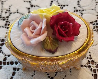 Vintage Japan Applied Porcelain Roses Trinket Box Floral Hinged Lid Gold Tone  • $7.90