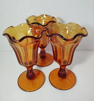 VINTAGE  AMBER ORANGE/Brown TULIP ICE CREAM  SUNDAE MILKSHAKE GLASSES ~SET OF 3~ • $10