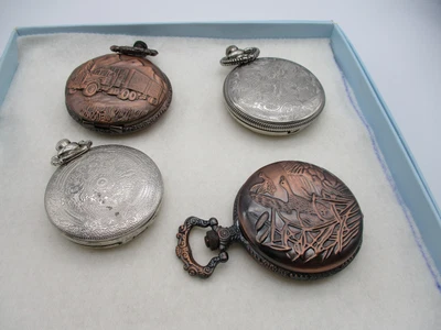 £10 • Buy 4 Costume Patten Quartz Pocket Watches, 2 Silver Colour 2 In A Dark Gold Colour.