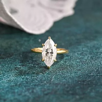 Marquise Cut 2CT Moissanite Ring 14K Yellow Gold Hidden Halo Bridal Wedding Ring • $392