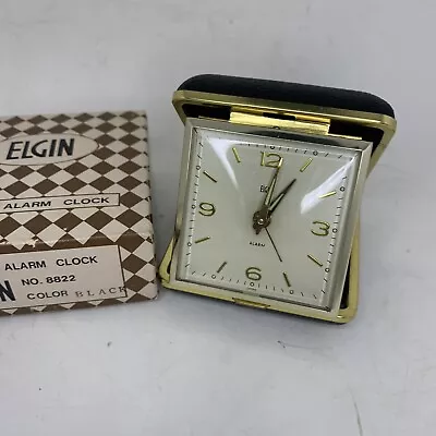 Vintage ELGIN Travel Alarm Clock Original Box Black Gold Wind Up • $20