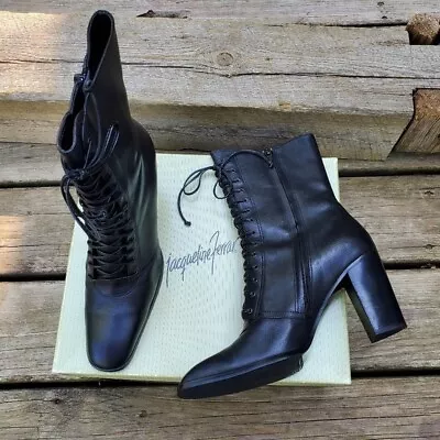 Vintage 90s Y2k Steampunk Granny Punk Black Leather Lace-up Heeled Ankle Boots • $124.99