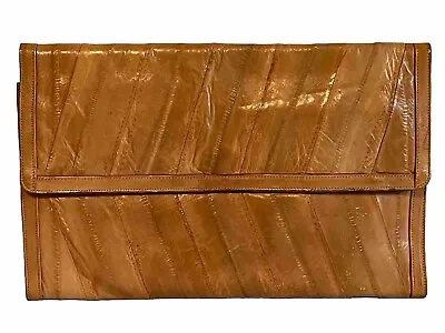 Vtg 70s Genuine EEL SKIN Clutch Purse Strapless Bag Camel Brown Tan Korea 12” • $19.99