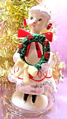 Vtg UCAGCO Christmas Caroler Holding HOLLY WREATH BIG RED BOW Trinket Box JAPAN • $189.95
