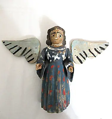 ANTIQUE OLD MEXICAN HAND CARVED POLYCHROMATIC WOOD STATUE WINGED ANGEL For TLC • $99.50
