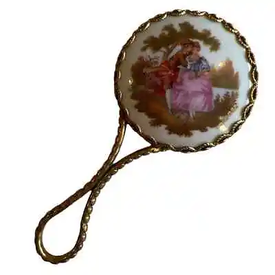 Limoges Fragonard Courting Couple Porcelain Brass Mini Purse Mirror Vintage  • $24.99