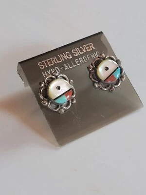 $20 • Buy Vtg Native American Sterling Silver Turquoise Coral Inlay Sunface Stud Earrings