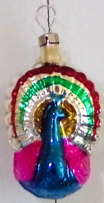 Vintage Germany 2 1/2  Silver Colorful Male Peacock Hand Blown Glass Ornament • $14.95