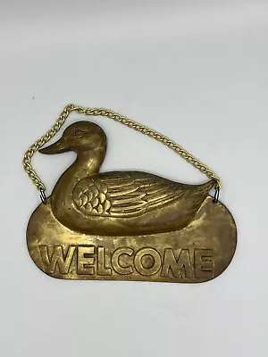 Brass Hanging Mallard Duck Classic Welcome Sign 7.5 In X 6 In Vintage EUC • $14.95