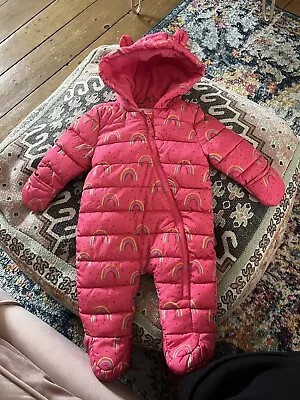 F&F Baby Pramsuit Snowsuit Pink 0-3 Months Girls Rainbows Tesco Coat • £0.99