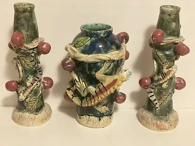 Macario Murguia Mexican Folk Pottery Vase And Candle Stick Holders Iguana Signed • $224.99