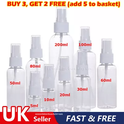 NEW 5-200ml Transparent Spray Bottle Refillable Plastic Small Travel Mist Empty • £3.04