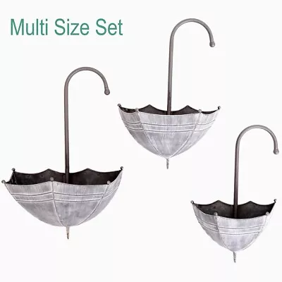 Garden Metal Wall Planters Grey Distressed Umbrella Pots 3 Pcs Multi Size Set UK • £35.41