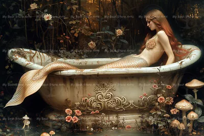 MERMAID In BATHTUB ART PRINT Wall Decor Siren Poster Cottagecore Artwork D120 • $7.95