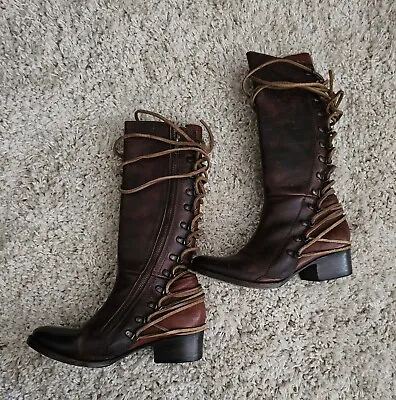 Freebird By Steven REESE BOOTS Tall Distressed Brown Leather Lace Up Booties 7 • $129