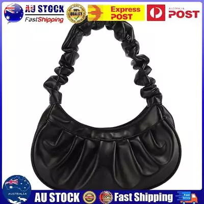 Vintage Women PU Pleated Underarm Bag Casual Solid Color Handbag (Black) AU • $13.19