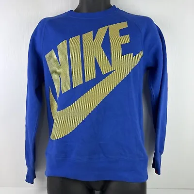 Nike AW77 Fleece Crew Neck Graphic Sweater Mens XS Blue/Yellow 49/65 • $32.17