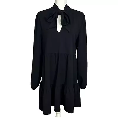 ZARA Black Tiered Babydoll Dress With Neck Tie Size Large Long Sleeve Mini  • $27.99