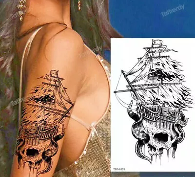 Ghost Ship Galleon Skull Death Sailor Tattoo Fake Sticker Women Mens Tattoos • £2.98