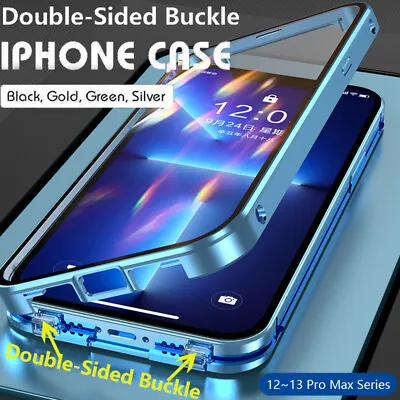 360° Double-Sided Glass Metal Buckle Case For IPhone 14 13 15 Pro Max 12 11 XR 8 • £9.59