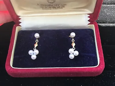 RARE! Estate MIKIMOTO 14k Yellow Gold 4 Akoya Pearls Dangle Earrings Pierced  • $589.99